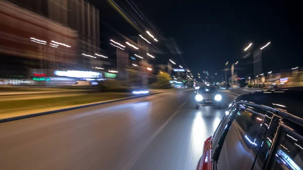 Drivelapse Side Fast Car Moving Night Avenue City Timelapse Hyperlapse — Stock Photo, Image