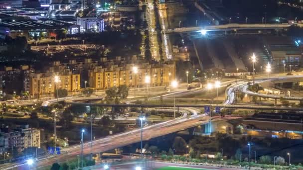 Barcelona och Badalona skyline med tak av hus och havet på den Horisont natt timelapse — Stockvideo