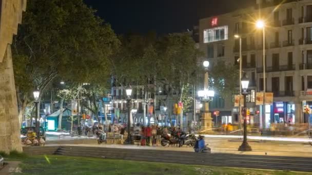 La rambla street in barcelona nacht zeitraffer, spanien. — Stockvideo