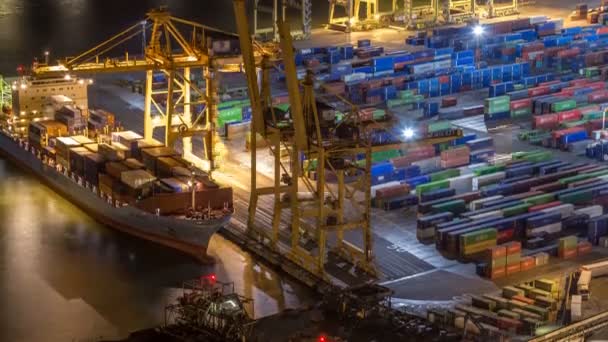 Seaport Loading Docks Port Cranes Multi Colored Cargo Containers Night — Stock Video