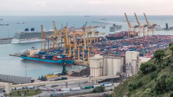 Porto e docas de carga no porto com guindastes e contêineres de carga multicoloridos timelapse — Vídeo de Stock