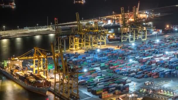 Seaport and loading docks at the port with cranes and multi-colored cargo containers night timelapse — Stock Video