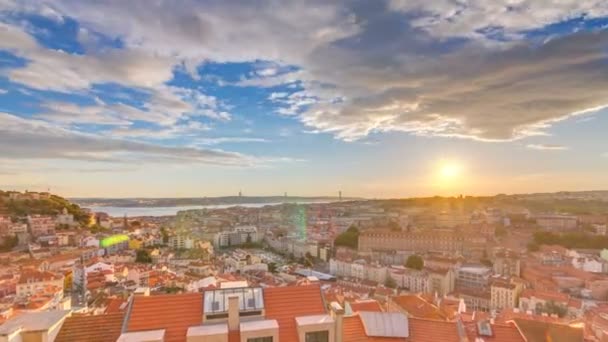 Lisbon at sunset aerial panorama view of city centre with red roofs at Autumn evening timelapse, Portugal — Stock Video