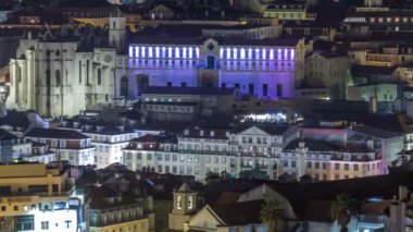 Sonbahar gece timelapse, Portekiz, ışıklı bina ile şehir merkezinin Lizbon hava panorama görünüm