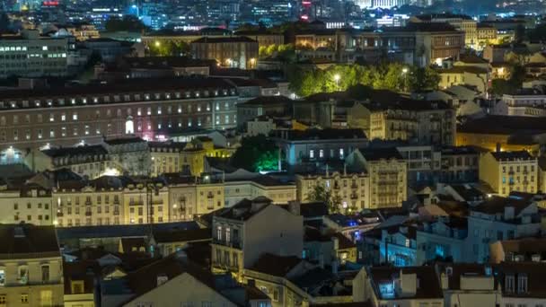 Lisbon aerial panorama view of city centre with illuminated building at Autumn night timelapse, Portugal — Stock Video