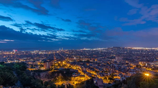 Panorama Barcelona Night Day Timelapse Spain Viewed Bunkers Carmel Cloudy — Stock Photo, Image