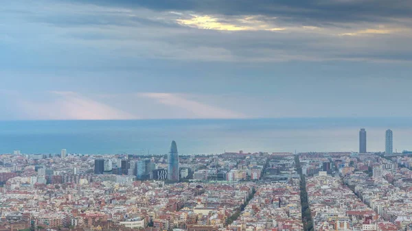 Panorama Barcelona Během Sunrise Timelapse Španělsko Pohledu Bunkry Karmel Pošmourné — Stock fotografie