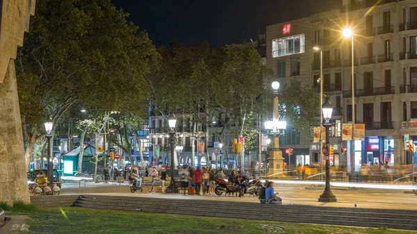 Calle Rambla Barcelona Noche Timelapse Hiperlapso España Miles Personas Caminan —  Fotos de Stock