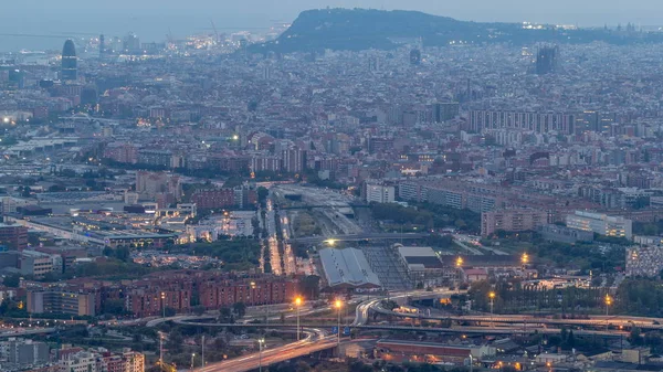 Barcelona Badalona Skyline Roofs Houses Road Intersection Overpass Day Night — Stock Photo, Image