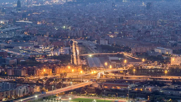 Barcelona Badalona Skyline Roofs Houses Road Intersection Overpass Day Night — Stock Photo, Image