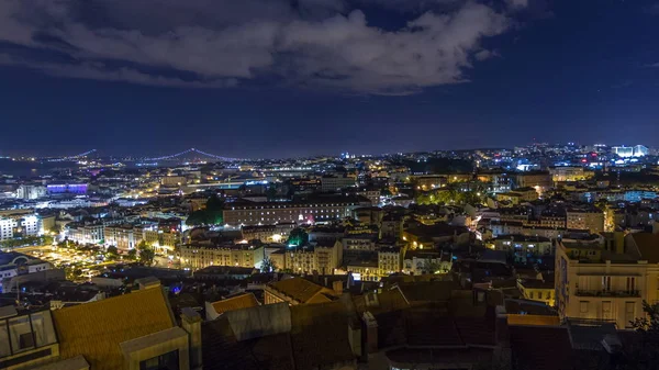 Lisabonská Letecký Panoramatický Pohled Centra Města Osvětlené Budovy Podzimní Noční — Stock fotografie