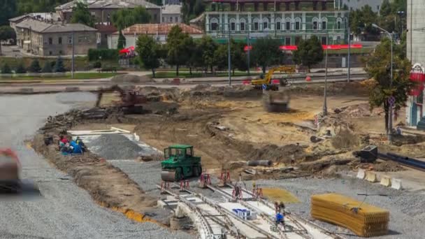 Працювати Екскаватори будівництво дороги timelapse — стокове відео