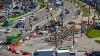 Vinç yol inşaat site timelapse, beton plaka yükleme.