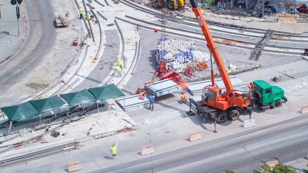 Unloading Installing Concrete Plates Truck Crane Road Construction Site Timelapse — Stock Photo, Image