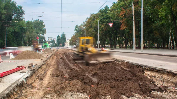 Maszyny Przemysłowe Budowę Budynku Witryny Timelapse Spychacz Pracy Ziemi Podczas — Zdjęcie stockowe