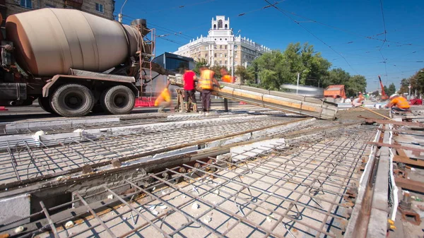 Concrete Works Road Construction Many Workers Mixer Timelapse Hyperlapse Pouring — Stock Photo, Image