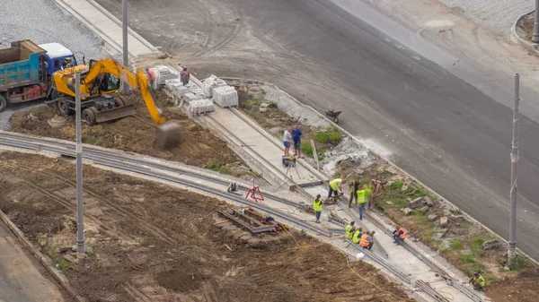 Caminhão Industrial Escavadeira Movendo Terra Carregamento Caminhão Basculante Timelapse Canteiro — Fotografia de Stock