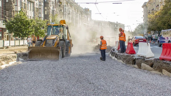 Bulldozer Moves Spreads Soil Rubble Road Timelapse Work Bulldozer Reconstruction — Stock Photo, Image