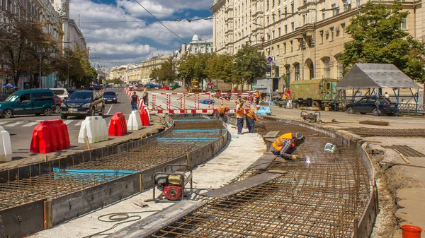 Workers Protective Mask Welding Reinforcement Tram Tracks City Road Construction — Stock Photo, Image