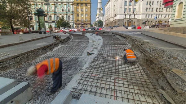 Workers Protective Mask Welding Reinforcement Tram Tracks City Road Construction — Stock Photo, Image