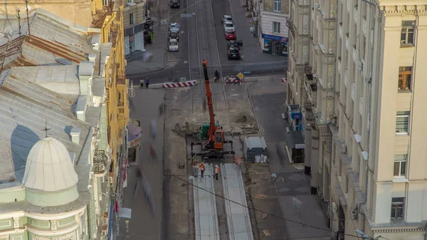 Installing Concrete Plates Crane Road Construction Site Timelapse Industrial Workers — Stock Photo, Image