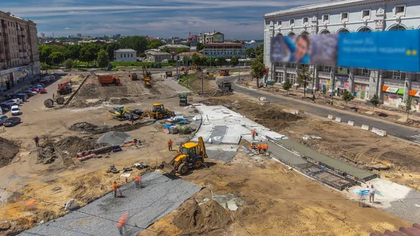 Trabajar Excavadoras Excavadoras Construcción Timelapse Carretera Piedra Triturada Sobre Sustrato — Foto de Stock