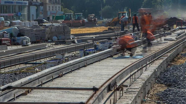 Obras Reparação Rua Timelapse Colocação Novos Trilhos Eléctrico Uma Rua — Fotografia de Stock