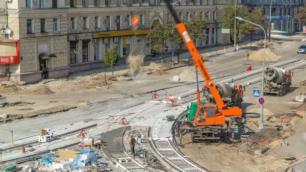 Concrete Works Orange Crane Road Construction Many Workers Uniform Mixer — Stock Photo, Image