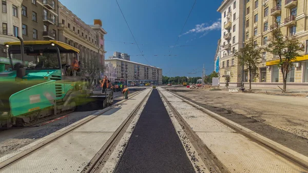 Asphalt Paver Roller Truck Road Repair Site Asphalting Timelapse View — Stock Photo, Image