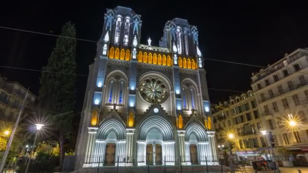 Basilique Notre-Dame de l Assomption Avenue Jean Médecin timelapse hyperlapse Nice, Fransa'da bulunan gece. — Stok video