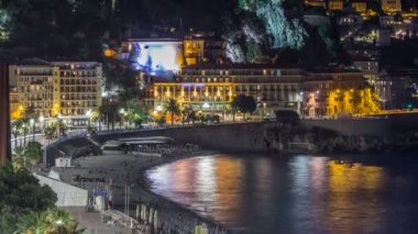 Gece güzel timelapse, Fransa hava Panoraması. Old Town ışıklı küçük sokakları ve waterfront