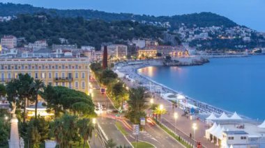 Gece timelapse, Fransa için güzel bir gün hava Panoraması akşam. Old Town ışıklı küçük sokakları ve güneş battıktan sonra waterfront