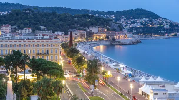 Panorama Aéreo Noite Nice Dia Noite Transição Timelapse França Iluminado — Vídeo de Stock