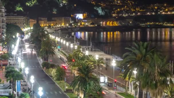 Nacht luchtfoto panorama van mooie timelapse, Frankrijk. Verlichte binnenstad weinig straten en waterfront — Stockvideo