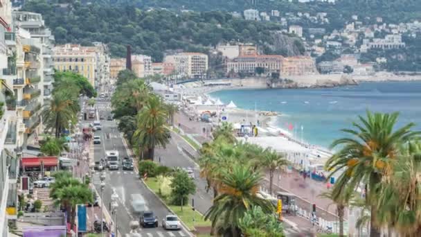 Wunderschöne panoramische Luftaufnahme Stadt von schöner Zeitraffer, Frankreich. Mittelmeer, Bucht der Engel — Stockvideo