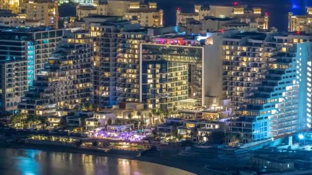 Légi Felvétel Palm Jumeirah Szigetre Éjszaka Timelapse Szemközti Nézet Megvilágított — Stock videók