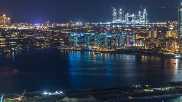 Aerial view of Palm Jumeirah Island night timelapse. — Stock Video
