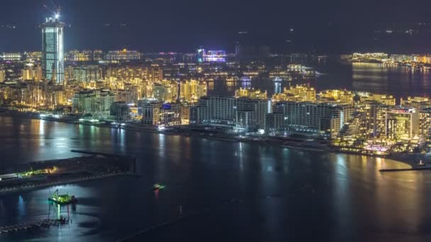 Luchtfoto Van Palm Jumeirah Island Nacht Timelapse Bovenaanzicht Met Verlichte — Stockvideo