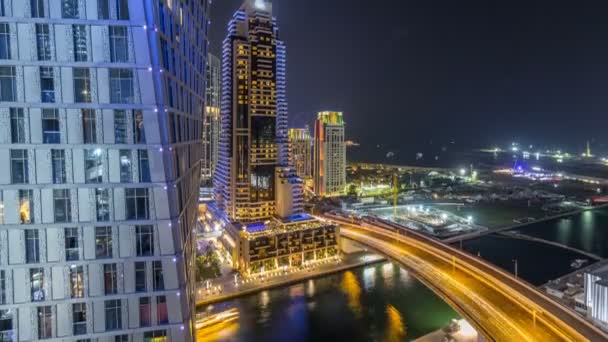 JBR e Dubai marina aérea noite timelapse — Vídeo de Stock