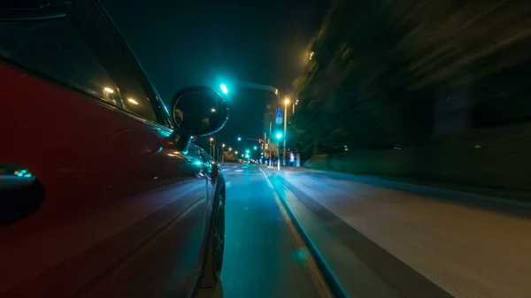 Car Moves Fast Speed Night Streets Timelapse Hyperlapse Drivelapse Blured — Stock Photo, Image