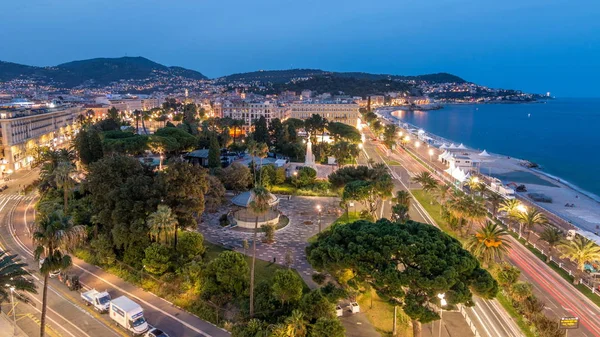 Panorama Aéreo Noite Nice Dia Noite Transição Timelapse França Iluminado — Fotografia de Stock