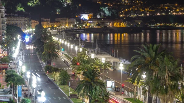 Ночная Воздушная Панорама Ниццы Франция Освещенные Улочки Старого Города Набережная — стоковое фото