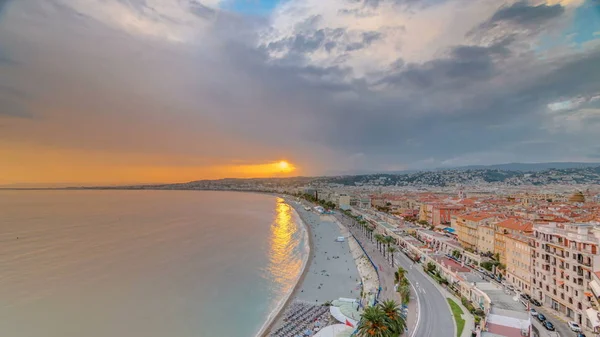 Coucher Soleil Sur Nice Mer Méditerranée Timelapse Aérienne Baie Des — Photo