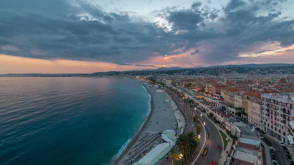 Panorama Över Nice Centrum Och Medelhavet Antenn Dag Till Natt — Stockfoto