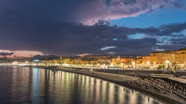 Nábřeží Města Nice Středozemní Moře Den Noční Přechod Timelapse Andělský — Stock fotografie