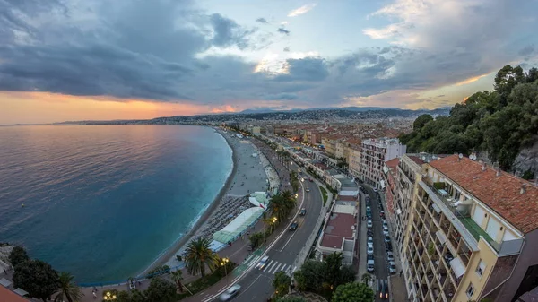 Panorama Nad Pěkné Město Středozemního Moře Letecký Den Noční Přechod — Stock fotografie