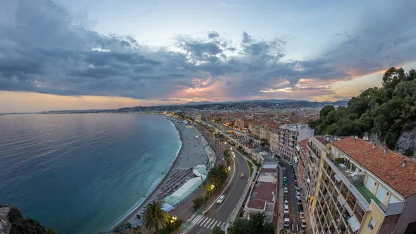 Panorama Sobre Ciudad Niza Mediterráneo Día Aéreo Noche Timelapse Transición — Foto de Stock