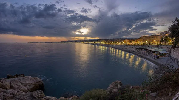 Waterfront Nice City Mediterranean Sea Day Night Transition Timelapse Bay — Stock Photo, Image