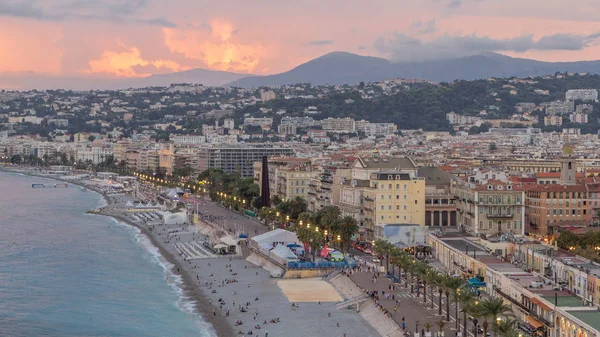 Panorama Sobre Ciudad Niza Mediterráneo Día Aéreo Noche Timelapse Transición — Foto de Stock