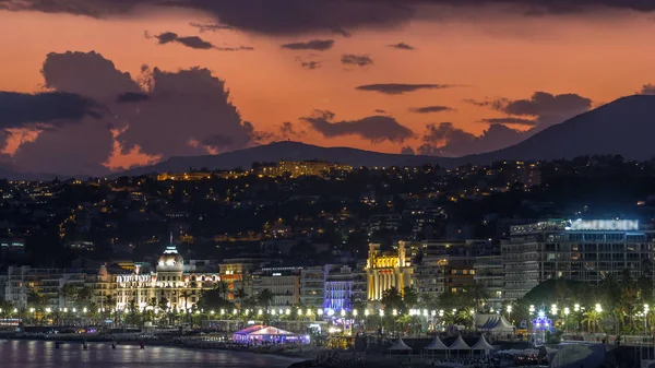 Waterfront Ładne Miasto Morze Śródziemne Dzień Nocy Przejścia Timelapse Zatokę — Zdjęcie stockowe